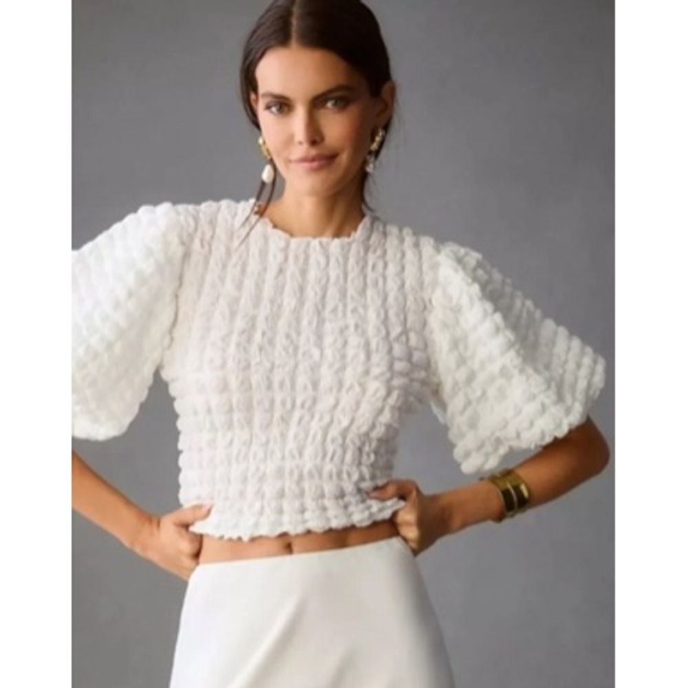 Eri + Ali Textured Bubble Puff Sleeve Top Women XS White Anthropologie